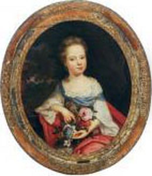 Portrait Of A Young Girl Holding Flowers In A Landscape Oil Painting by Pierre Ii Mignard