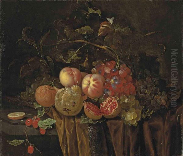 An Open Pomegranate, Peaches, Grapes, Berries, A Pear Andclementines, With Insects On A Partly Draped Stone Ledge Oil Painting by Abraham Mignon