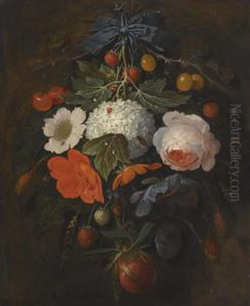 A Festoon Of Flowers And Fruit, Including A Pink Rose, A Poppy, A Snowball, Gooseberries And Fraises De Bois, Along With A Variety Of Insects Oil Painting by Abraham Mignon