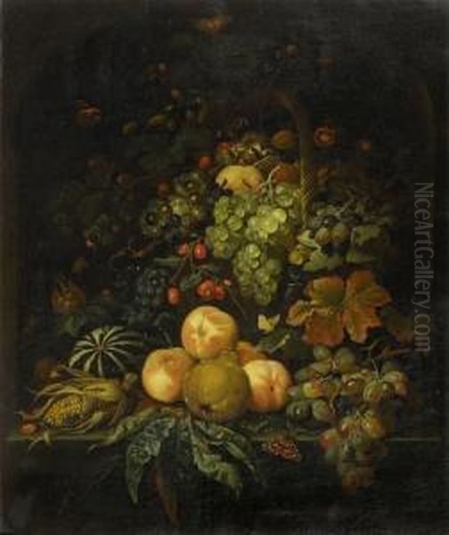 Large Still Life With Fruit In Analcove Oil Painting by Abraham Mignon