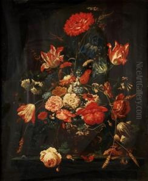 Roses, Tulips, Carnationsand Other Flowers In A Glass Vase Oil Painting by Abraham Mignon