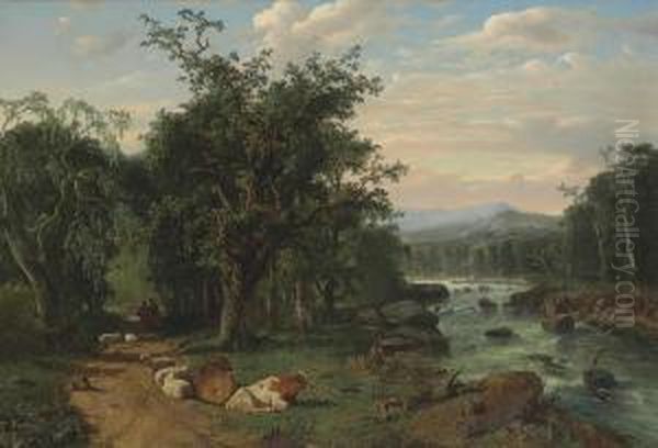 A Pastoral Landscape Oil Painting by Louis Remy Mignot