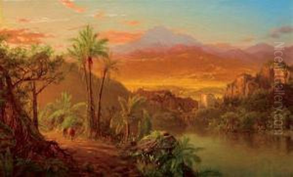 Travelers In A Tropical Landscape Oil Painting by Louis Remy Mignot