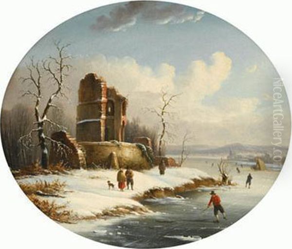 A Skating Scene Oil Painting by Louis Remy Mignot