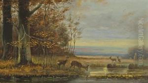 Deer At Dusk Oil Painting by Louis Remy Mignot