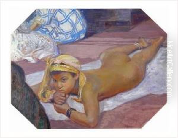 Messaouda Allongee Nue Oil Painting by Jules Migonney