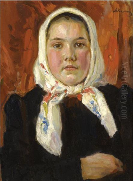 Russian Peasant Girl Oil Painting by Aleksei Mikhailovich Korin