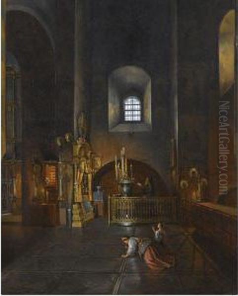 Interior Of An Orthodox Church Oil Painting by Stepan Mikhailovich Shukhvostov