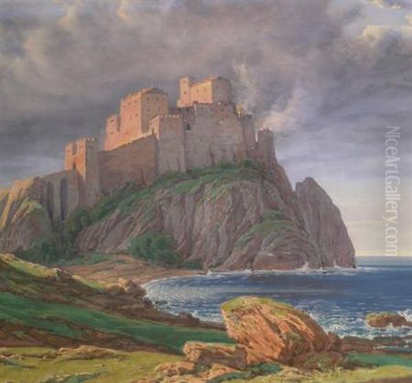 Castle Overlooking A Rocky Coast Oil Painting by Karoly Miksa Reiszmann