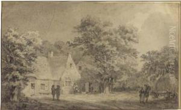 A Farmstead Among Trees, Figures On A Road To The Left Oil Painting by Frans Andreas Milatz