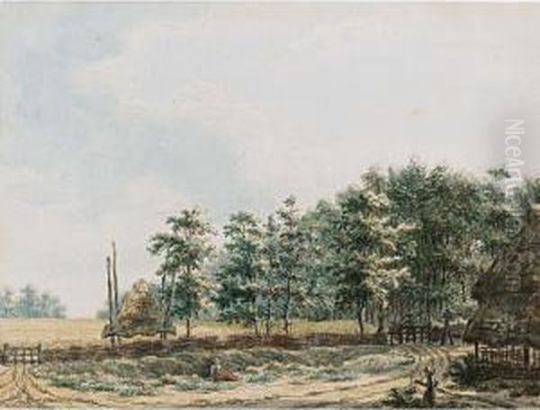 Landscape With Peasants Near A Farm, A Cornfield And Woods Behind Oil Painting by Frans Andreas Milatz