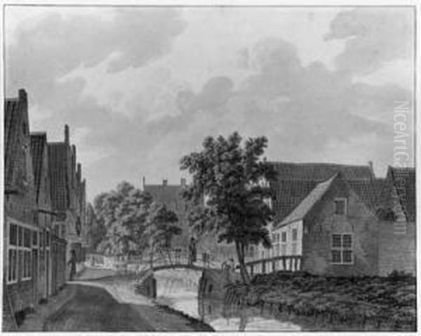 A View Of The Voldersgracht In Haarlem, With A Man Crossing Abridge Oil Painting by Frans Andreas Milatz