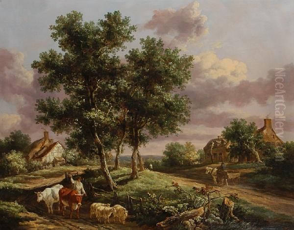 A Landscape With A Drover On A Path With Sheepand Cattle, Cottages And Travellers Beyond Oil Painting by Henry Milbourne