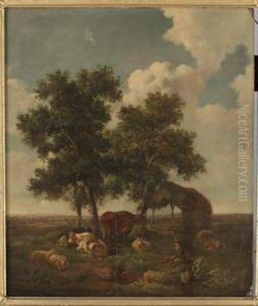 Pastoralt Landskap Med Kor Och Herde Oil Painting by Henry Milbourne