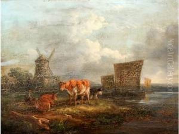 Paysage Hollandais, Vaches Et Moulin Pres Du Lac Oil Painting by Henry Milbourne