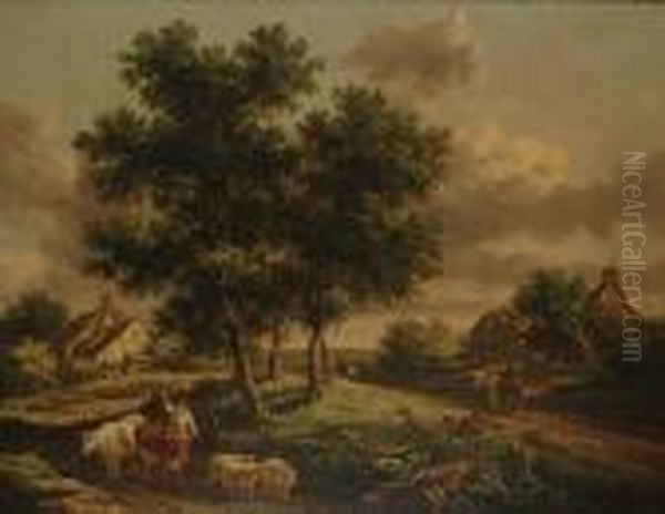 A Country Landscape With Cattle, Sheep And A Herdsman Oil Painting by Henry Milbourne