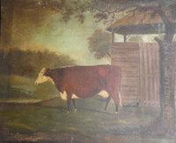 A Prize Hereford Cow In A Landscape Oil Painting by John Miles Of Northleach