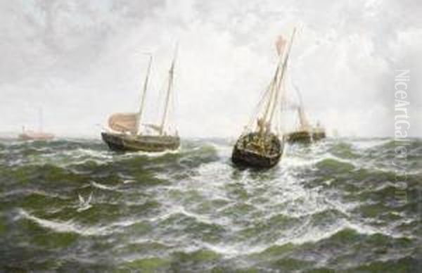 Herring Boats Towing Out Oil Painting by Thomas Rose Miles