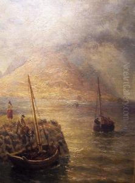 Roundstone Bay, Connemara 
 With Fishing Boat Unloading The Catch Oil Painting by Thomas Rose Miles