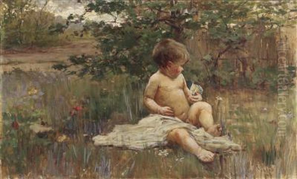 Sitting Boy With Butterfly Oil Painting by Alessandro Milesi