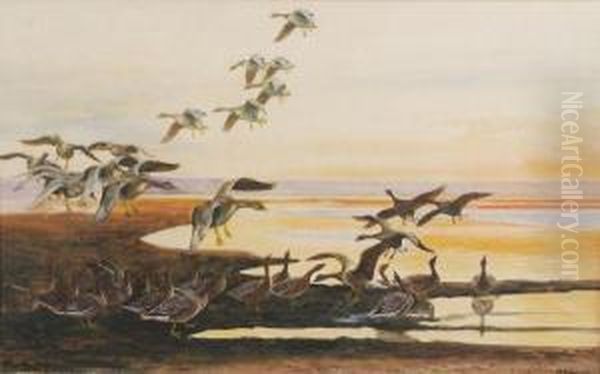 Geese In Flight At Sunset Oil Painting by John Guille Millais