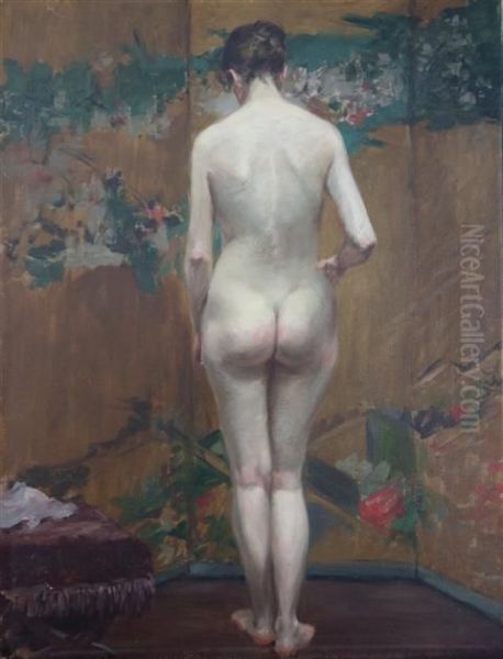 Artist's Model With Japanese Screen Oil Painting by Addison Thomas Millar