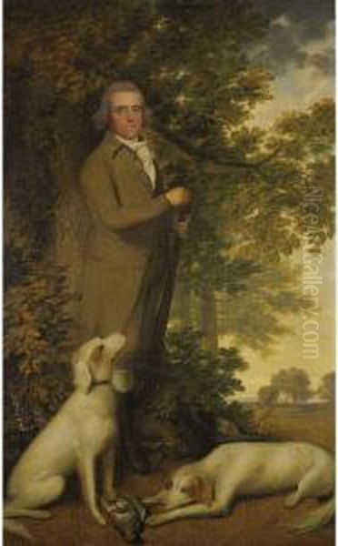 Portrait Of A Gentleman, Full-length, In A Green Coat, Holding Agun, Two Dogs And A Partridge At His Feet, In A Woodedlandscape Oil Painting by James Millar