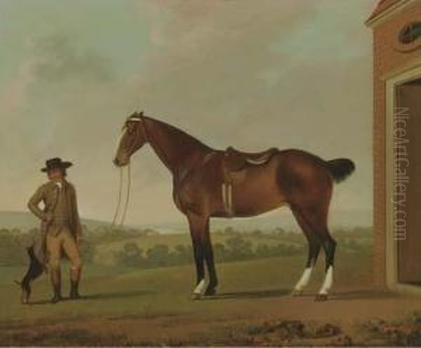 A Groom Holding A Saddled Hunter Outside A Stable With Aterrier Oil Painting by James Millar