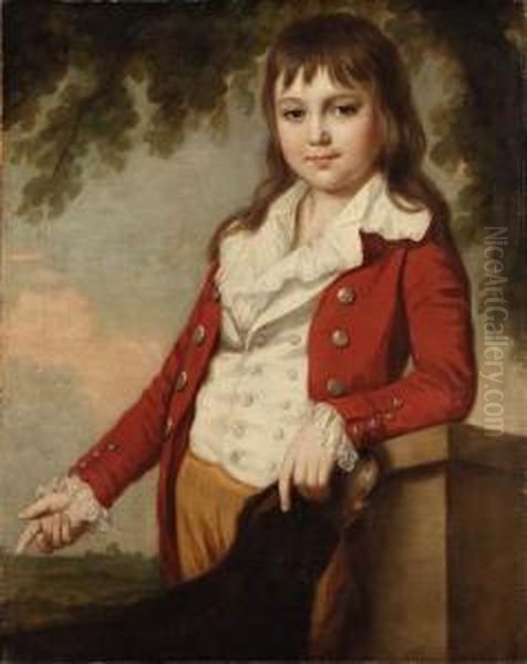 Portrait Of A Young Man, Three-quarter Length With His Dog, Leaningagainst A Stone Plinth Beneath A Tree Oil Painting by James Millar