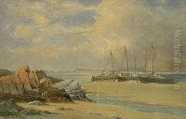 Coastal Scene With Beached Boats Oil Painting by James H.C. Millar