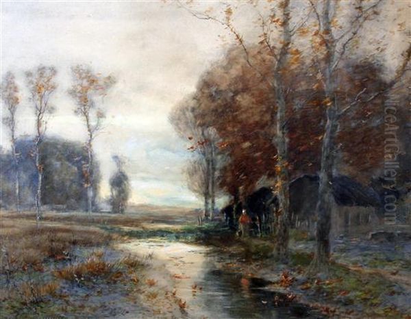 Autumnal River Scene With Figure And Cottage Oil Painting by Charles Henry Miller