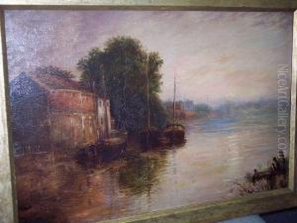 Barges On A River Oil Painting by Fred Miller