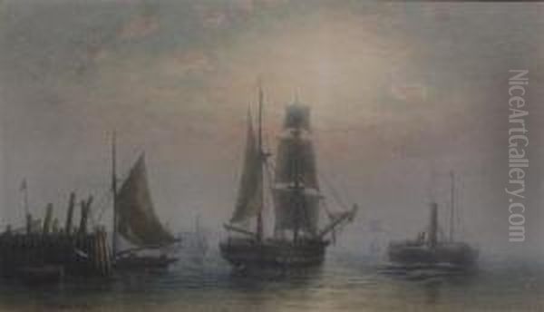 Shipping At Dawn And Sunset Oil Painting by Frederick Miller