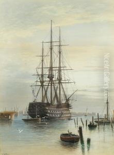 H.m.s. 'victory' Moored In Portsmouth Harbour Oil Painting by Frederick Miller