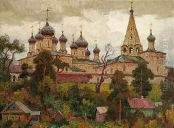 Miller, W . A Russian Monastery. Oil/canvas/cardboard, The Signature From The Painting's Front Side Removed And Mounted Verso Oil Painting by G.W. Miller