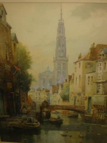 Dutch Town Scene Oil Painting by James Robertson Miller