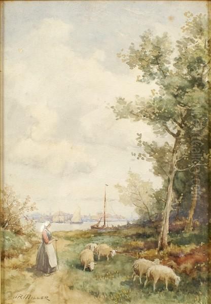 On The Maas - With A Dutch Girl With Sheep Oil Painting by James Robertson Miller