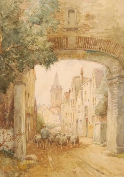 Shepherd And Sheep In A Belgian Village Oil Painting by James Robertson Miller