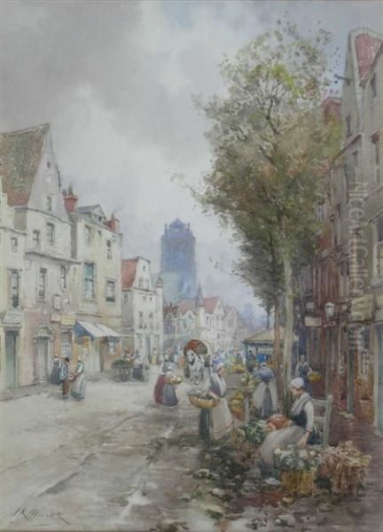 A Dutch Market By The Canal Oil Painting by James Robertson Miller