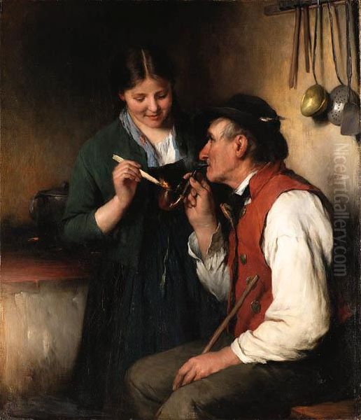 Lighting Grandfather's Pipe Oil Painting by Joseph Miller