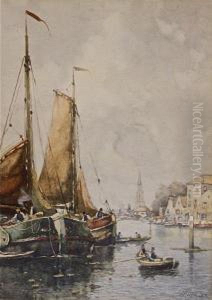 'on The Canal, Amsterdam' Oil Painting by J.R. Miller