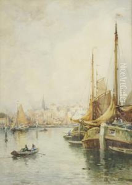 Boats In A Continental Harbour Oil Painting by J.R. Miller