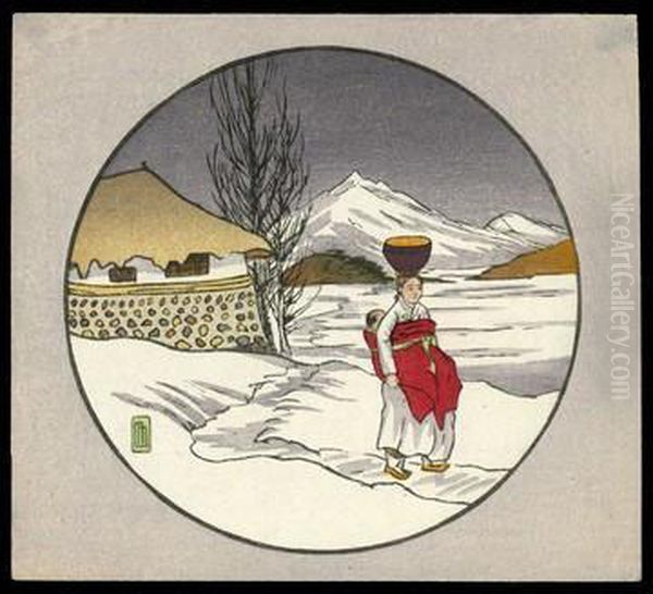 Korean Woman Walking In Snow Oil Painting by Lilian May Miller