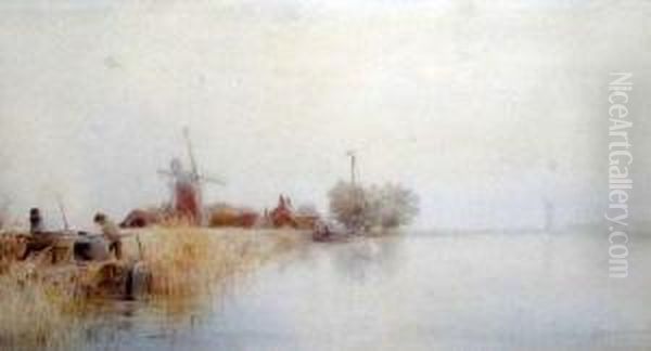 Broads Scene With Fishermen And Windmill To Distance Oil Painting by Marshall John Miller