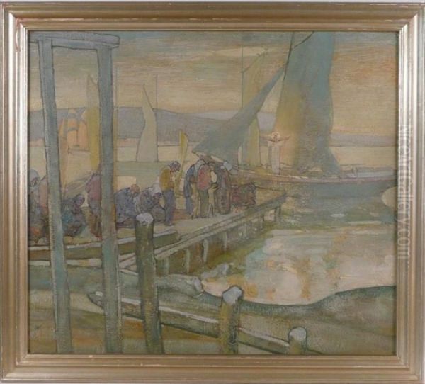 Mystical Wharf Scene With Worshipers Oil Painting by Richard Emile Miller