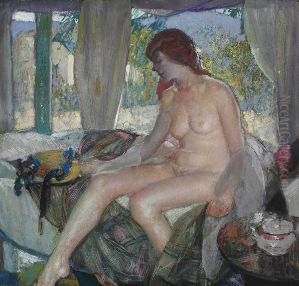 Nude In Interior Oil Painting by Richard Emile Miller