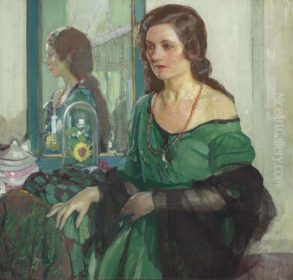 Lady In Green Oil Painting by Richard Emile Miller