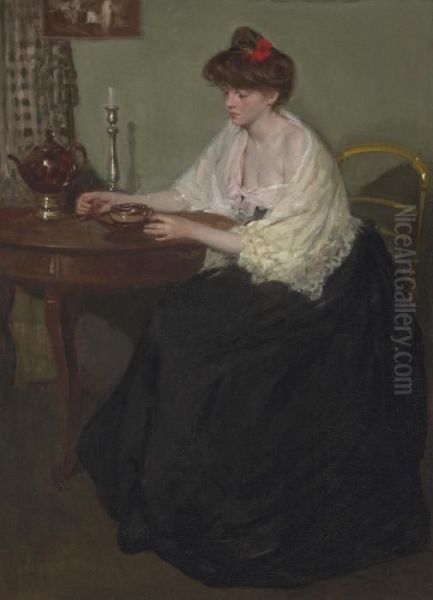 Woman Sitting At A Table Oil Painting by Richard Emile Miller