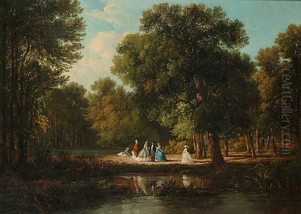 Woodland Pool, With Elegant Figures On The Far Bank Oil Painting by Eugene Henri Millet