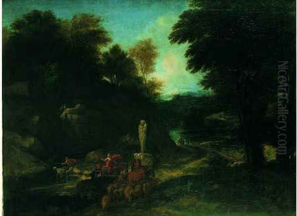 Paysage De La Campagne Italienne Avec Un Convoi De Bergers Oil Painting by Jean-Francois Millet